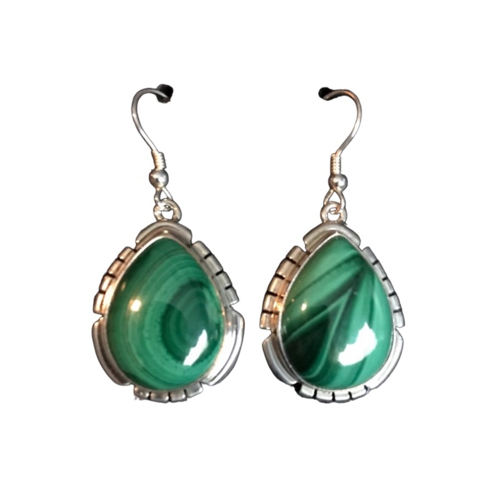 Sterling Silver Teardrop Green Malachite Earrings - Picture 2 of 9